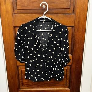 Reformation Heart Print Puff Sleeve Tie-Front Blouse Black & Cream Size XS